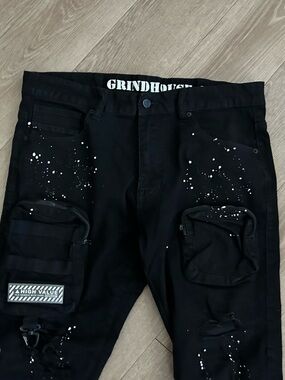 GRINDHOUSE Black Cargo Pants with Paint-Splatter Detail